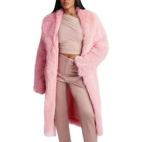 Damen Eleganter Maxi-Kunstpelz-Mantel mit weitem Schalkragen und geradem Schnitt Nord Taschen