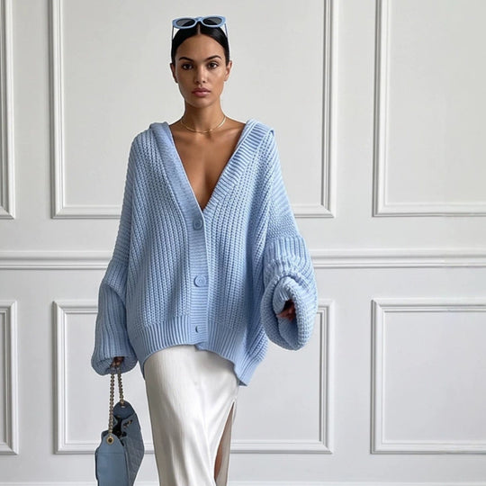 Damen Oversized Kapuzen-Strickcardigan mit Ballonärmeln und Knopfleiste Nord Taschen