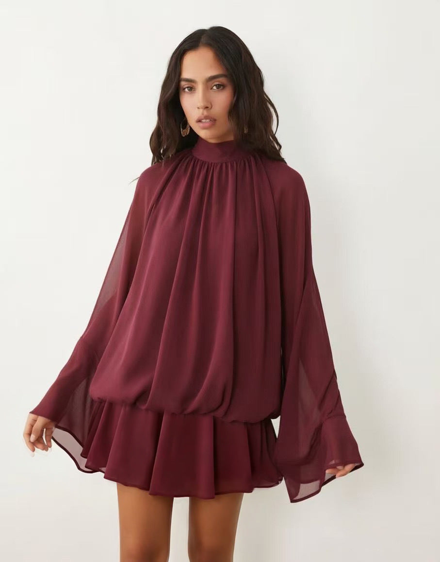 Damen Chiffon-Minikleid mit geraffter Blusentunika, Stehkragen und Volantrock Nord Taschen