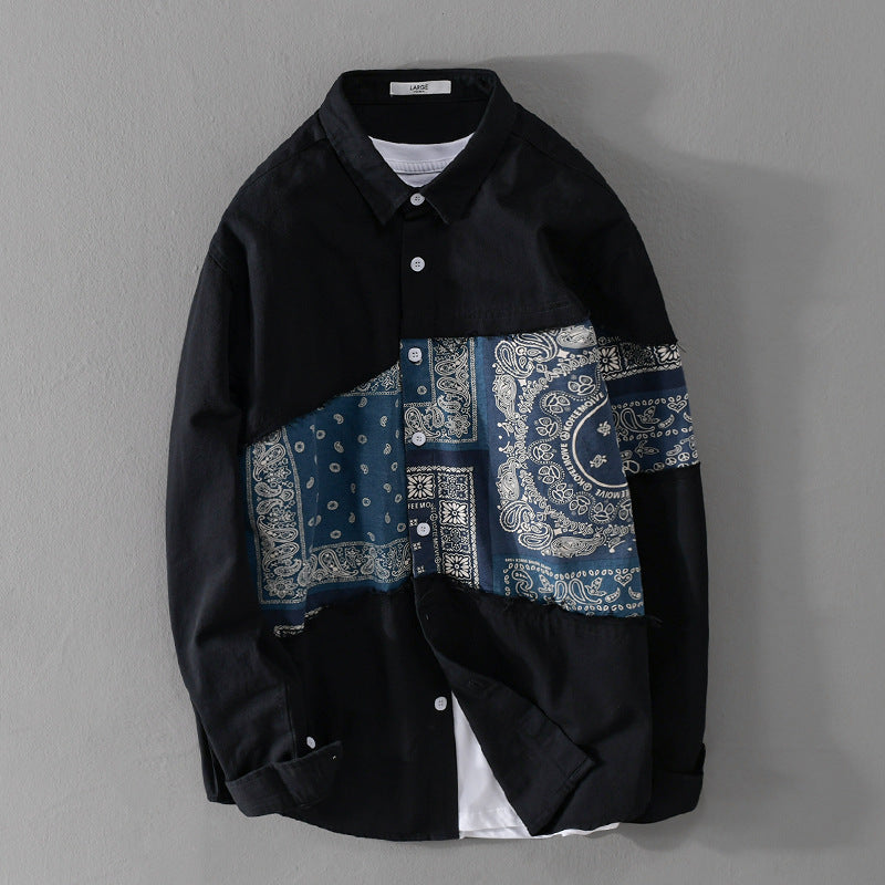 Herren Patchwork-Hemdjacke mit Bandana-Einsatz, rohen Kanten und weiter Passform Nord Taschen