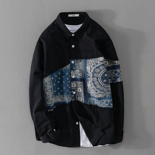 Herren Patchwork-Hemdjacke mit Bandana-Einsatz, rohen Kanten und weiter Passform Nord Taschen
