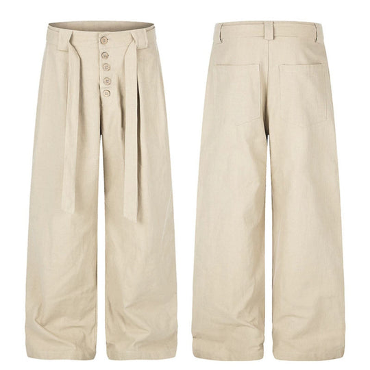 Damen Hochgeschnittene Leinen-Weitebein-Hose mit Knopfleiste, Bindegürtel und Bundfalten Nord Taschen