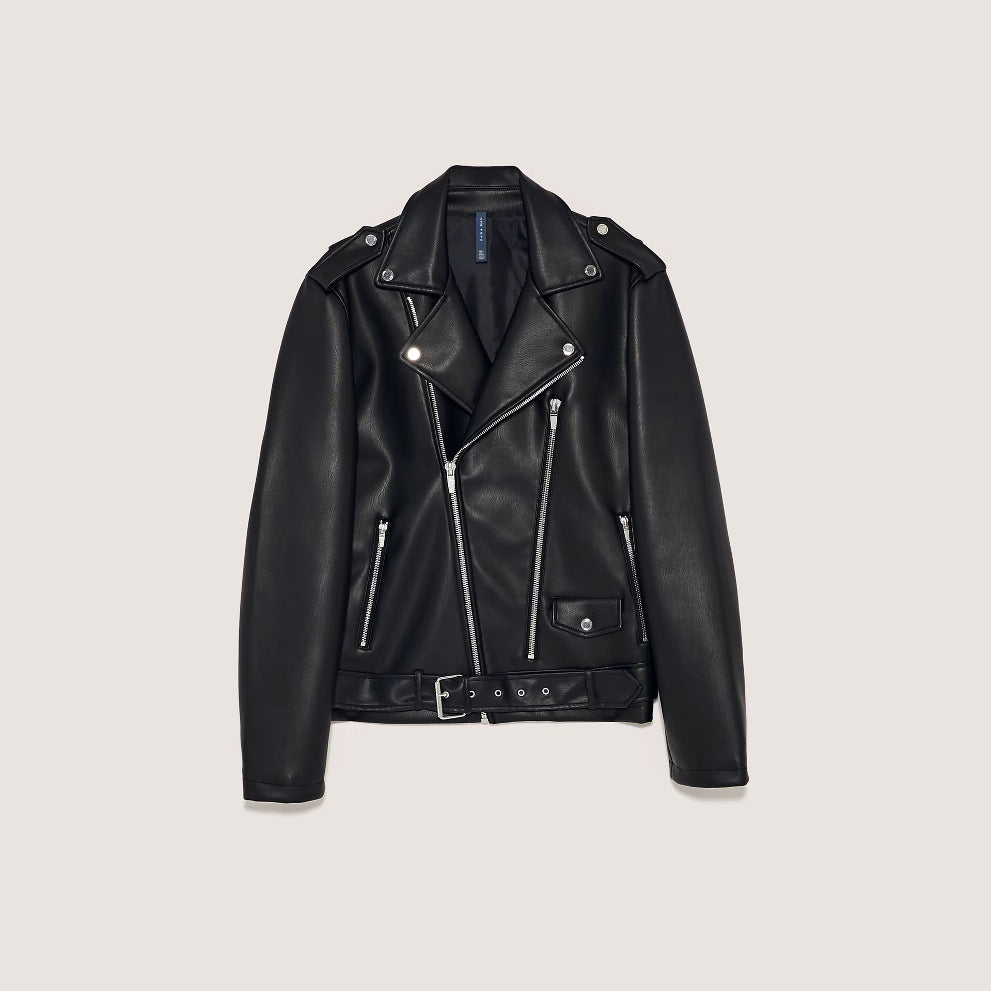 Herren Bikerjacke im Rider‑Stil aus veganer Lederoptik mit asymmetrischem Reißverschluss und Taillengürtel Nord Taschen