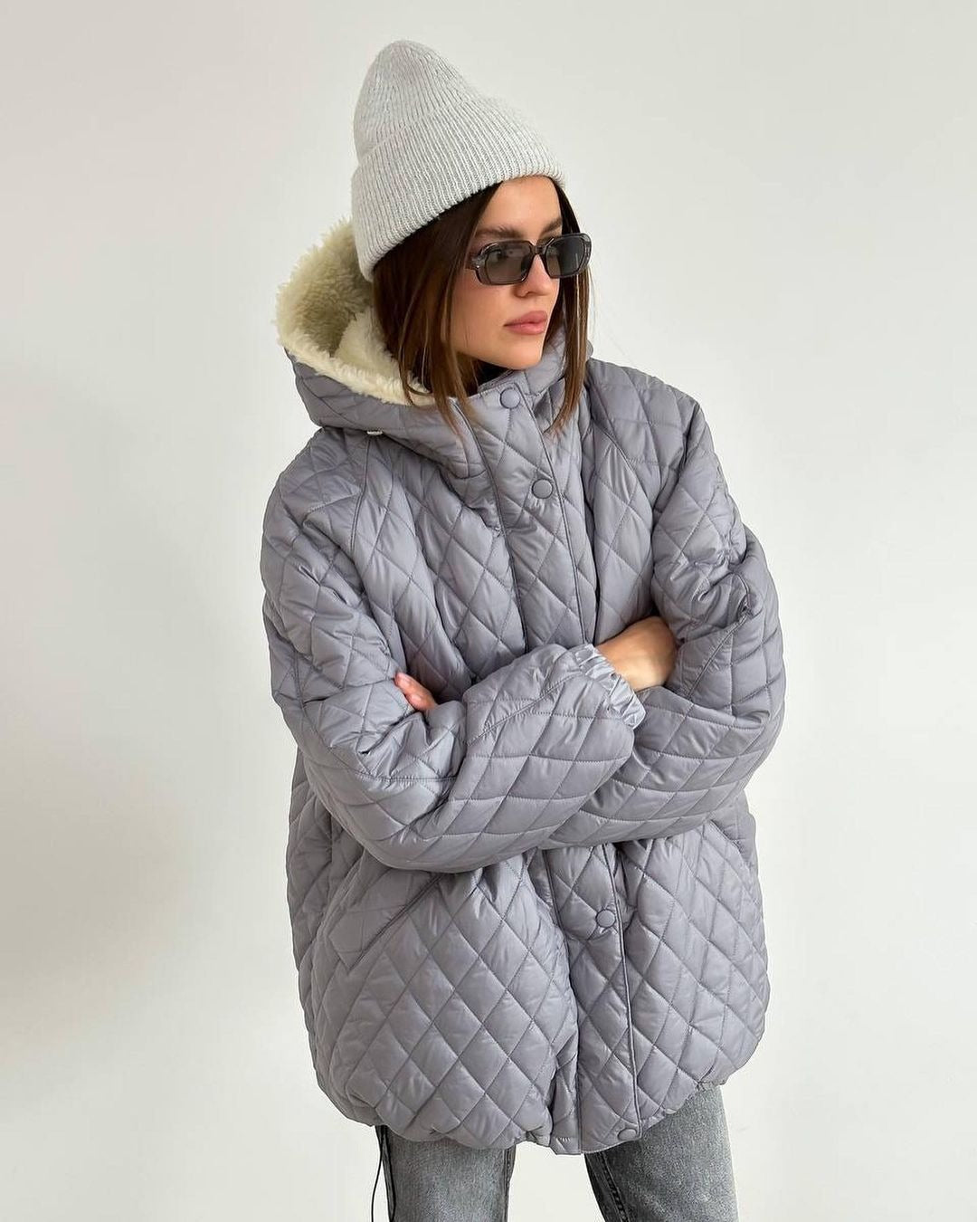 Damen Oversize Steppjacke mit Teddyfutter und Kapuze Nord Taschen