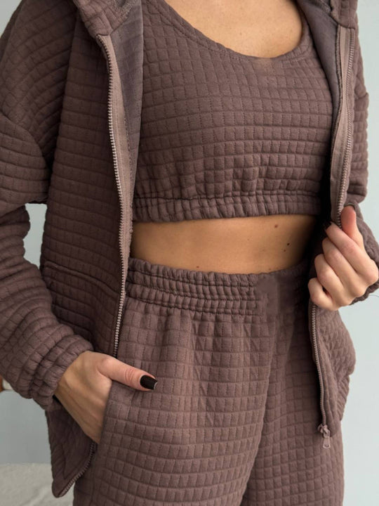 Damen gesteppter Quilt-Lounge-Zweiteiler aus Soft-Fleece mit Kapuzen-Zipjacke, High-Waist-Bundhose und Bustier-Top Nord Taschen