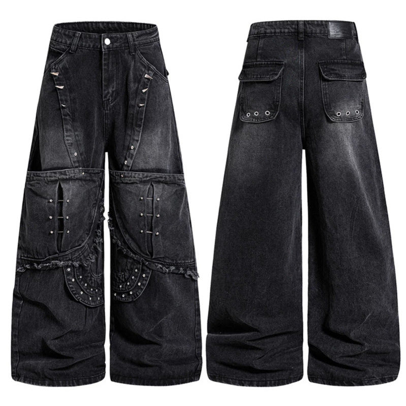 Damen Weite High‑Waist Denim‑Cargo‑Culotte mit Nieten und großen Pattentaschen Nord Taschen