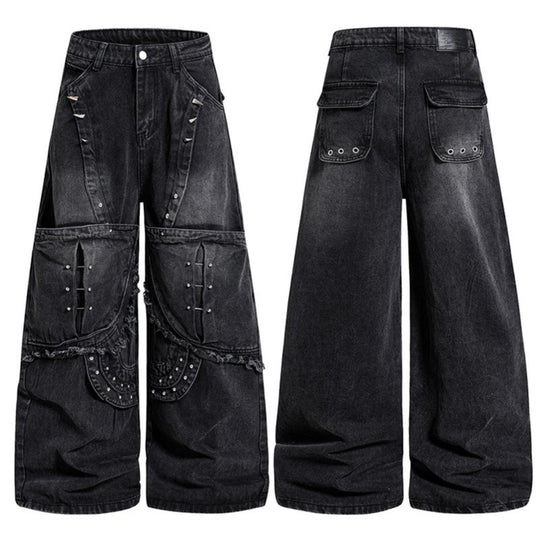 Damen Weite High‑Waist Denim‑Cargo‑Culotte mit Nieten und großen Pattentaschen Nord Taschen