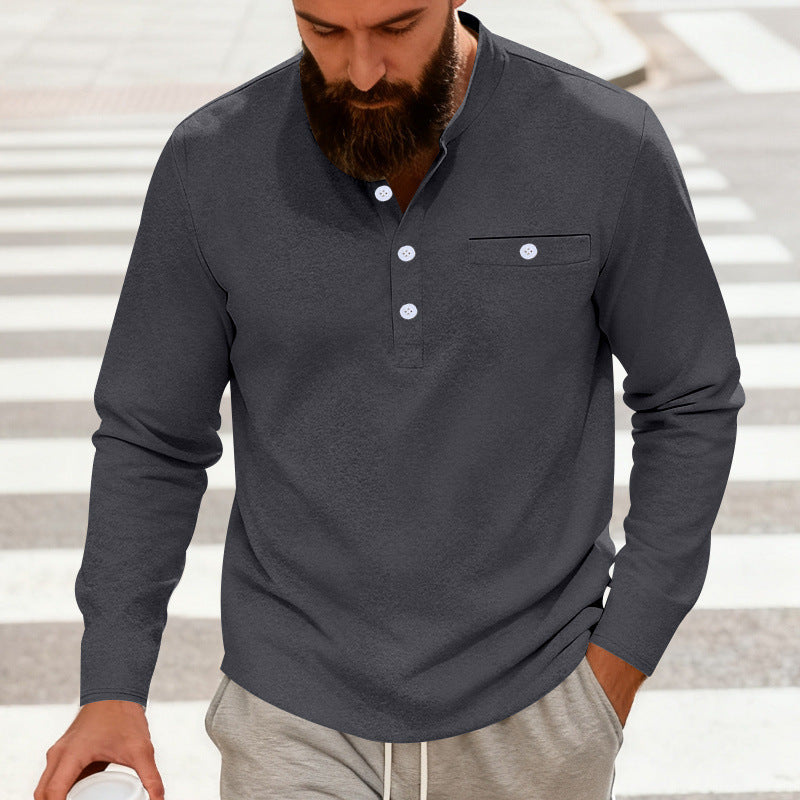 Herren Lässiges Henley-Langarmshirt mit Stehkragen, Brusttasche und abgerundetem Saum Nord Taschen