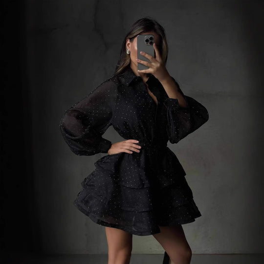 Damen Transparentes Volant-Minikleid mit Hemdblusenkragen, Ballonärmeln und Taillengürtel Nord Taschen