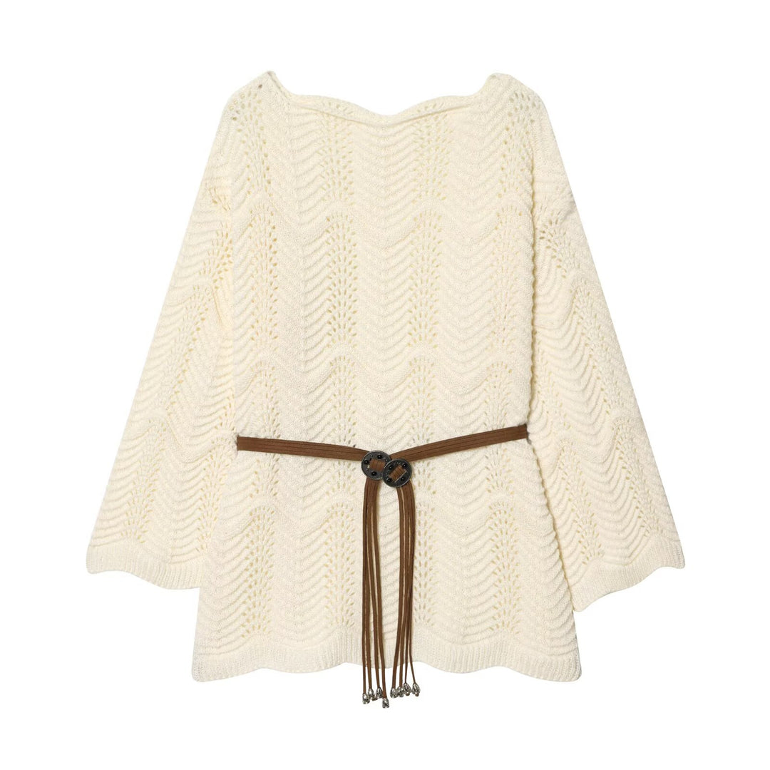 Damen Strickponcho mit Zickzack‑Ajourmuster und Taillengürtel Nord Taschen
