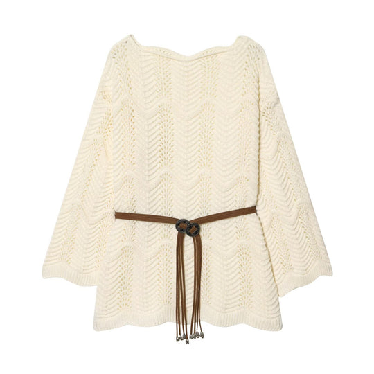 Damen Strickponcho mit Zickzack‑Ajourmuster und Taillengürtel Nord Taschen