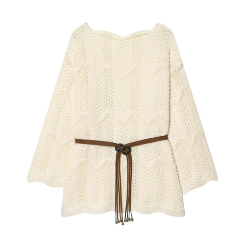 Damen Strickponcho mit Zickzack‑Ajourmuster und Taillengürtel Nord Taschen
