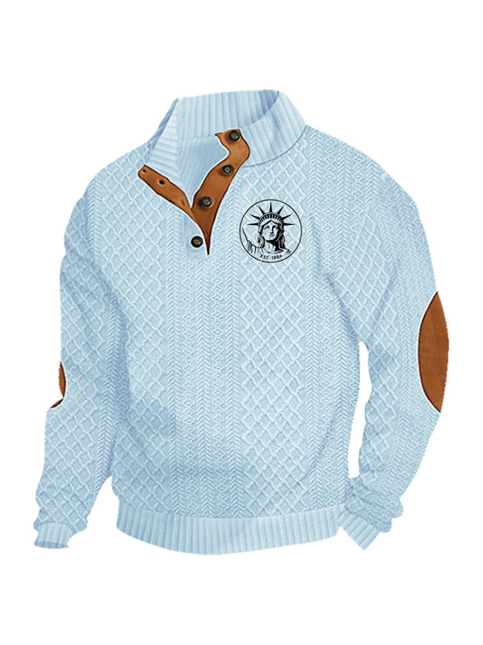 Herren nan Heritage-Strukturpullover mit Stehkragen Lederimitat-Besatz Ellenbogen-Patches und Halbknopfleiste