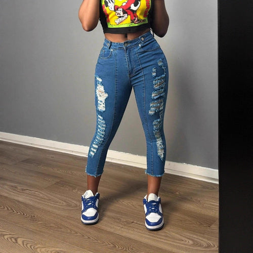 Damen hochgeschnittene knöchellange Skinny-Jeans mit großzügigen Zerrdetails und rohem Saum Nord Taschen