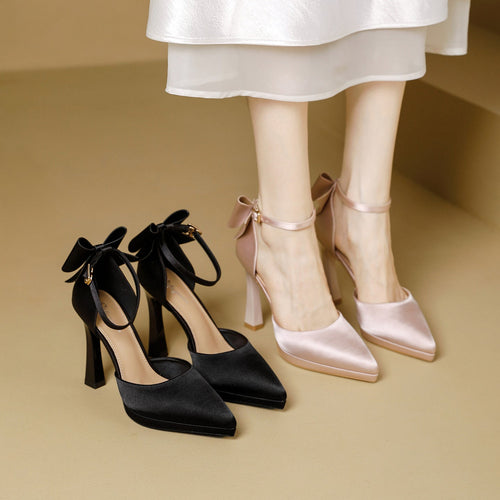 Damen elegante Satin-Pumps mit verspieltem Schleifen-Detail - Arvani