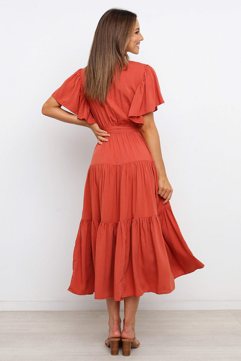 Damen Maxikleid mit tiefem V-Ausschnitt und schwingenden Ärmeln