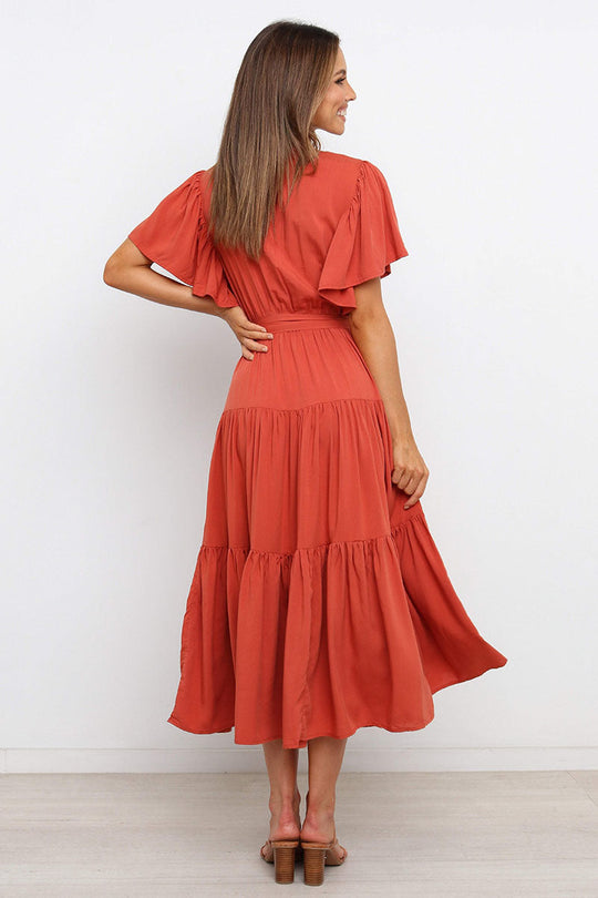 Damen Maxikleid mit tiefem V-Ausschnitt und schwingenden Ärmeln