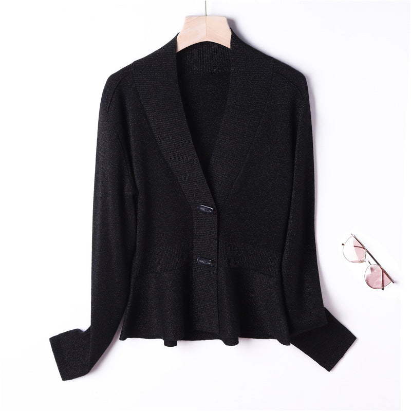 Damen Feiner Strickcardigan mit Schalkragen, taillenbetontem Peplum und Zierknopfleiste Nord Taschen