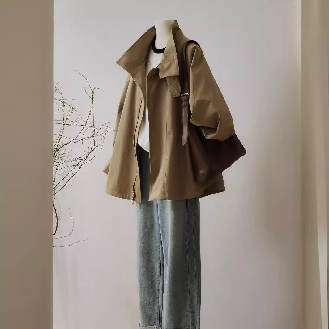 Damen Trench-inspirierte Kurzjacke mit Oversize-Silhouette, Stehkragen und verdecktem Reißverschluss Nord Taschen