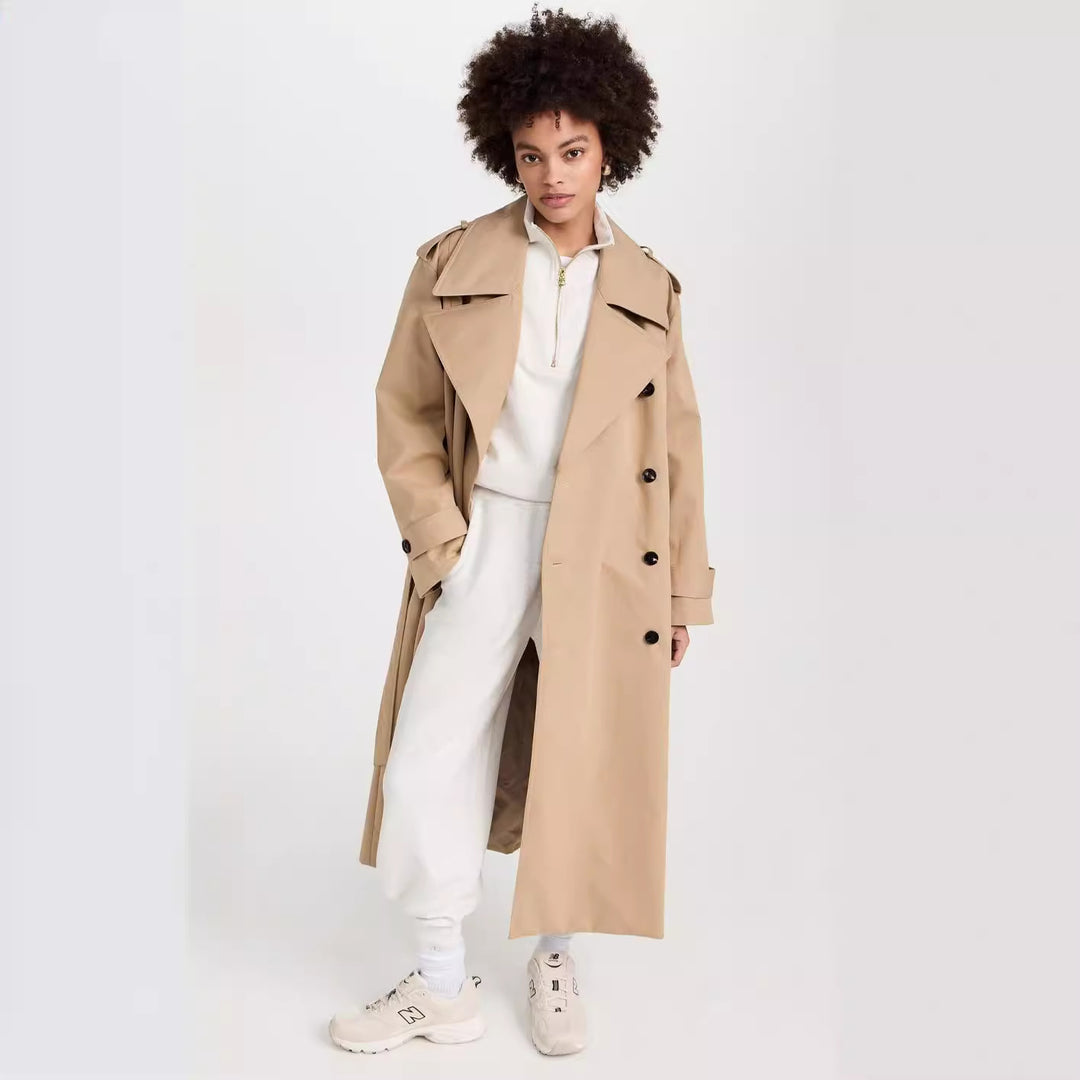 Damen Langer Trenchcoat aus Baumwollmix mit doppelreihiger Knopfleiste, Taillengürtel und Schulterklappen Nord Taschen