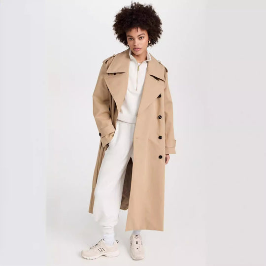 Damen Langer Trenchcoat aus Baumwollmix mit doppelreihiger Knopfleiste, Taillengürtel und Schulterklappen Nord Taschen