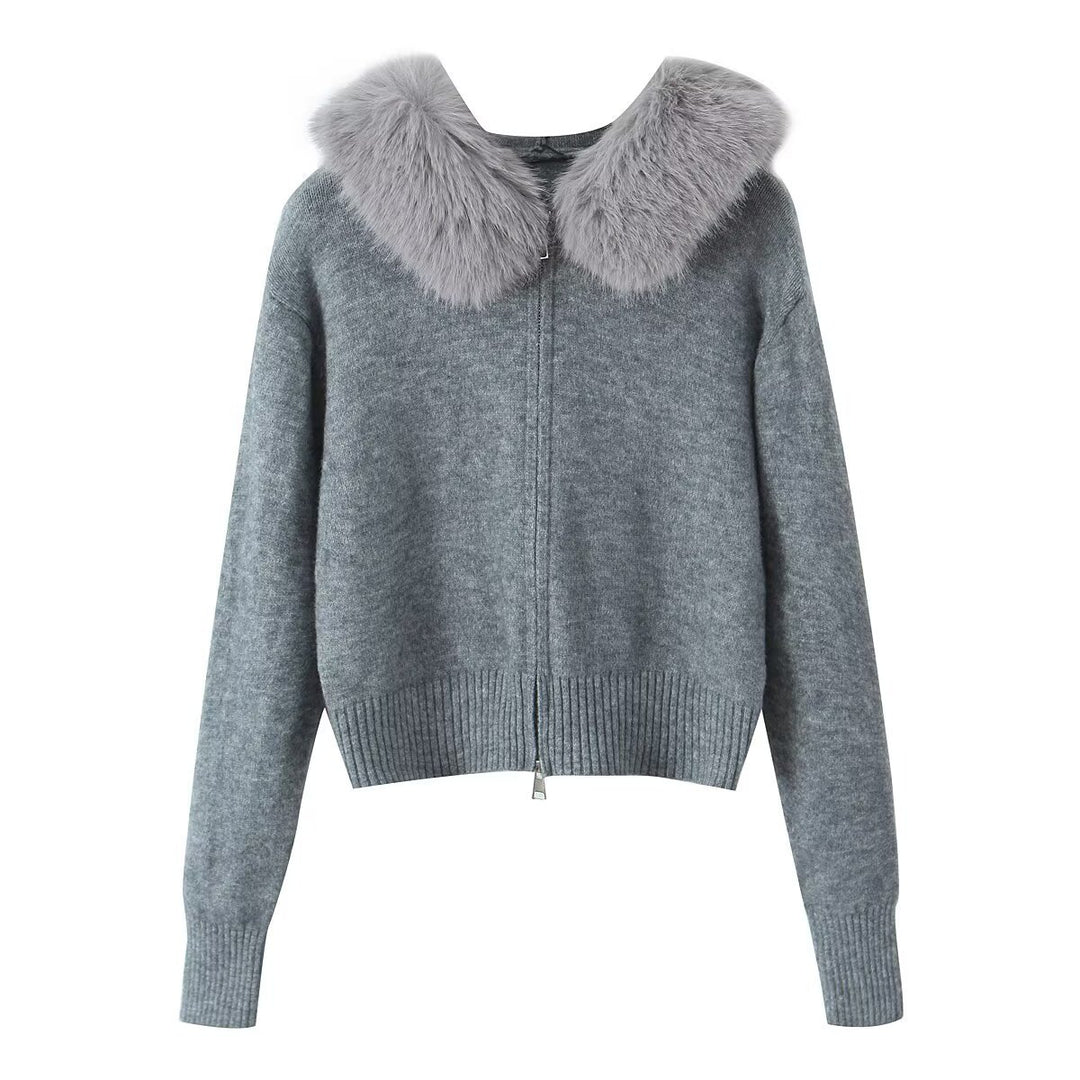 Damen Kurzgeschnittene Strickjacke mit Reißverschluss und abnehmbarem Kunstfellkragen Nord Taschen