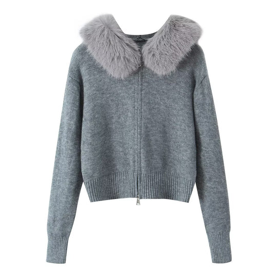 Damen Kurzgeschnittene Strickjacke mit Reißverschluss und abnehmbarem Kunstfellkragen Nord Taschen