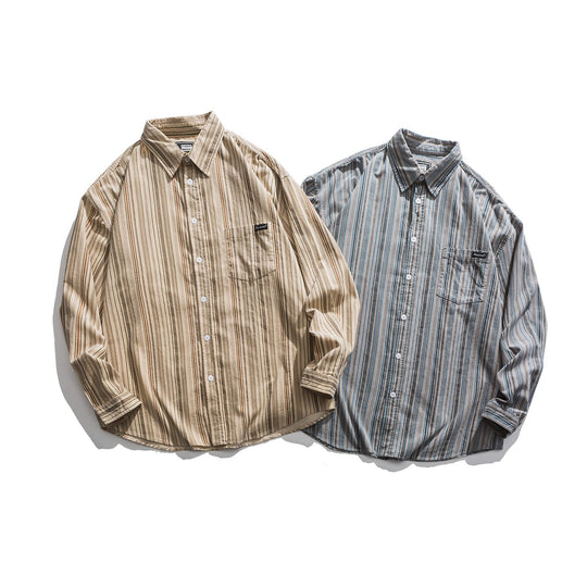 Herren Gestreiftes Leichtes Overshirt-Hemd mit Brusttasche und Kentkragen Nord Taschen