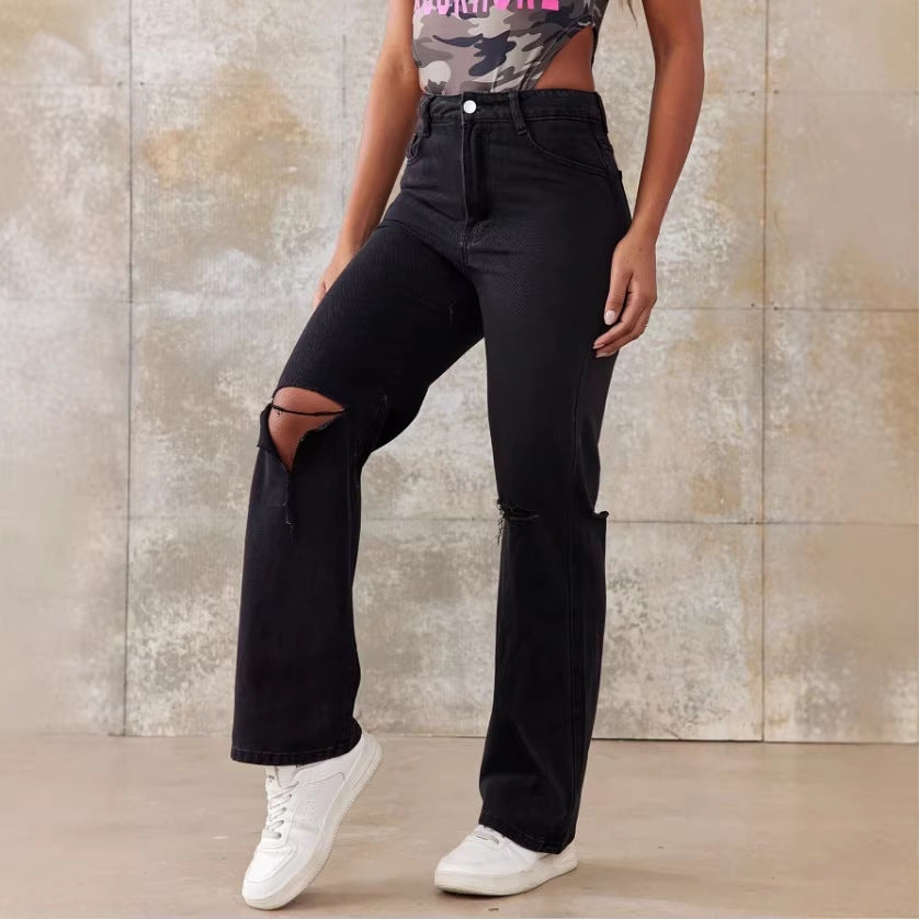 Damen High-Waist Straight-Jeans mit weitem Bein, Knie-Rip und strukturierter Denim-Optik Nord Taschen