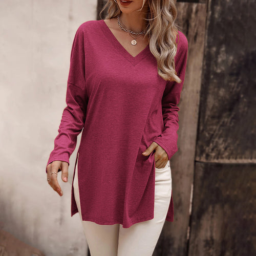 Damen lässige V-Neck Longsleeve-Tunika mit Seitenschlitzen und relaxed Fit Nord Taschen