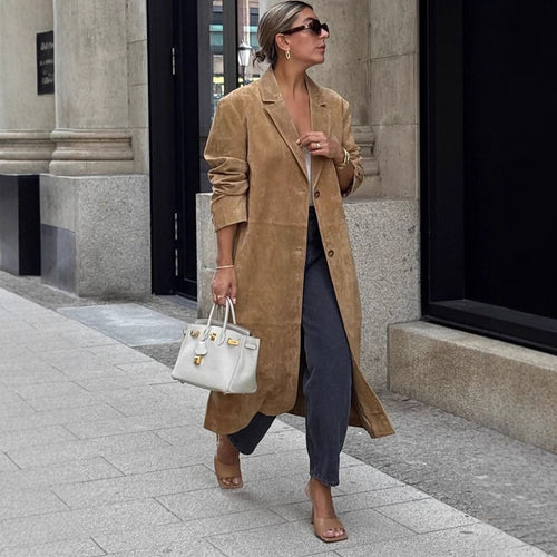Damen Langmantel aus Veloursleder‑Optik mit schmalem Revers und cleanem Schnitt Nord Taschen