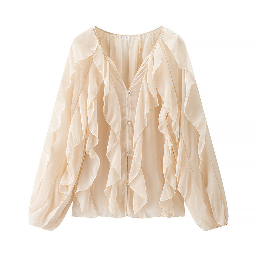 Damen Voluminöse Chiffonbluse mit mehrlagigen Volants und Knopfverschluss Nord Taschen