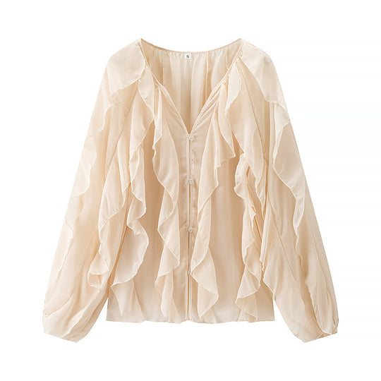 Damen Voluminöse Chiffonbluse mit mehrlagigen Volants und Knopfverschluss Nord Taschen