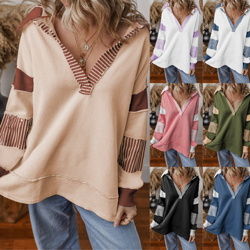 Damen Oversize-Sweatshirt mit tiefem V-Ausschnitt, Streifeninnenkragen und Kontrastärmeln Nord Taschen