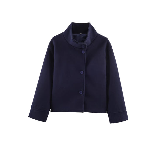 Damen Kurze Boxy-Wollmix-Jacke mit Stehkragen und aufgesetzten Pattentaschen Nord Taschen