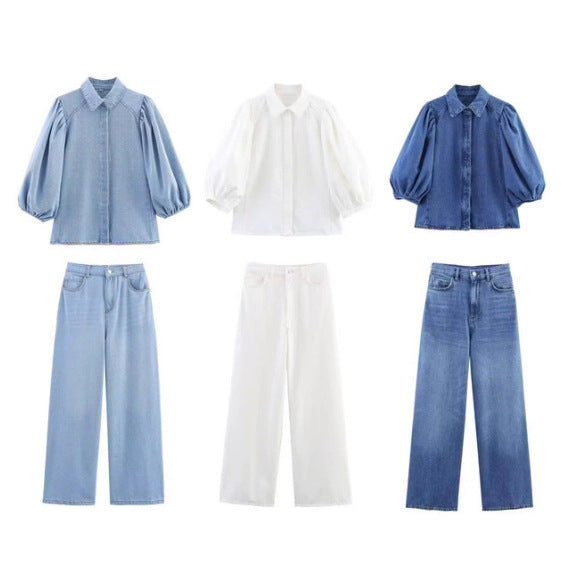 Damen 100+ hochtaillierte weite Denim‑Palazzohose mit Five‑Pocket und geradem Saum Nord Taschen