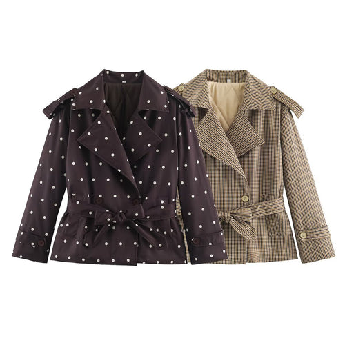 Damen Kurztrenchjacke im Karo-Look mit Taillengurt, Schulterriegeln und gesteppter Innenfütterung Nord Taschen