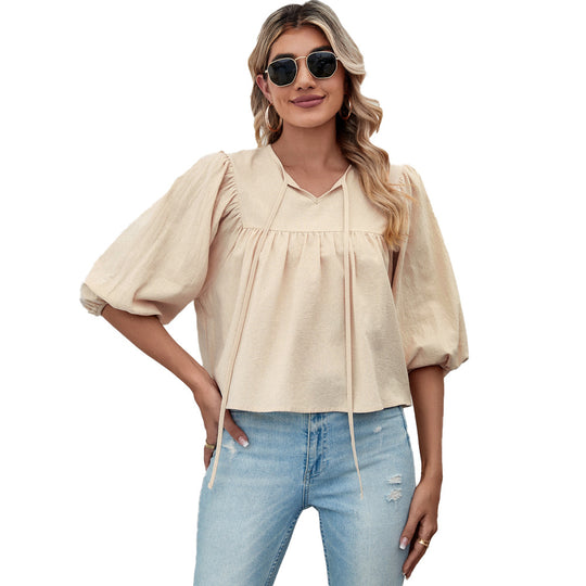 Damen lockere Babydoll-Bluse mit Schleifenkragen und 3/4-Volumenärmeln Nord Taschen
