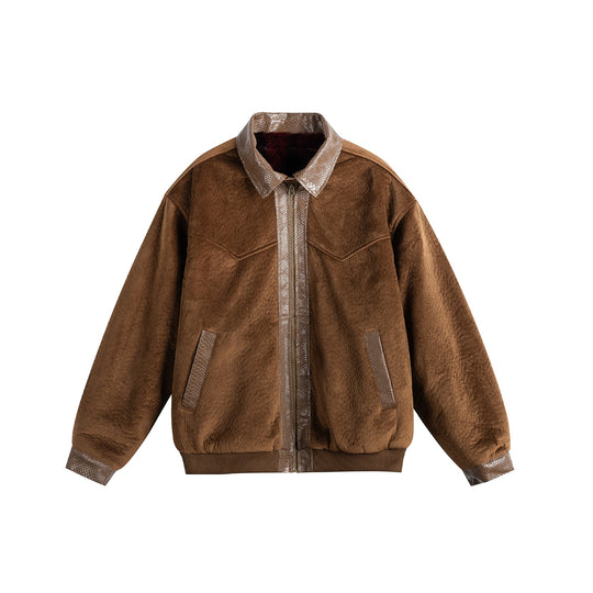Unisex Oversize Blousonjacke aus Velours‑Suede mit Reptilprägung‑Besatz und wärmender Teddyungfutter Nord Taschen