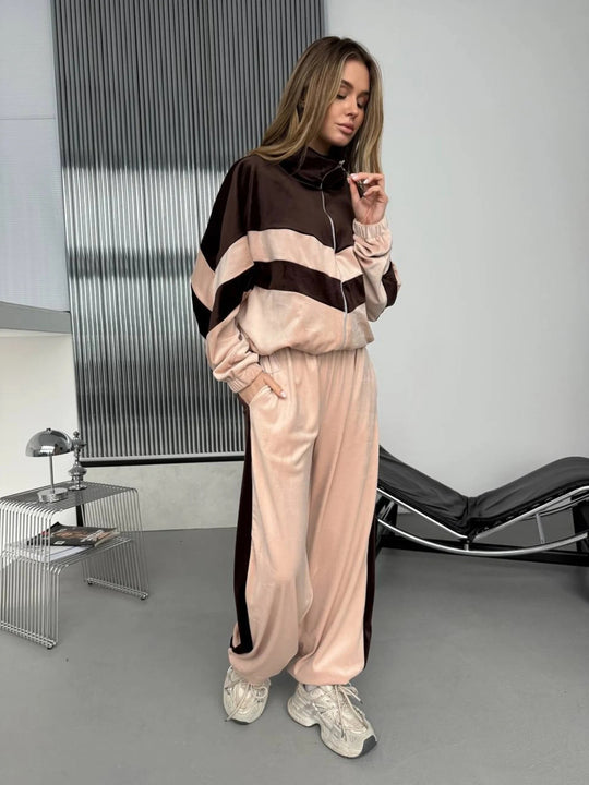 Damen Retro-inspiriertes Samt-Trackset mit Chevron-Design, Stehkragen und weiter High-Waist-Jogger Nord Taschen
