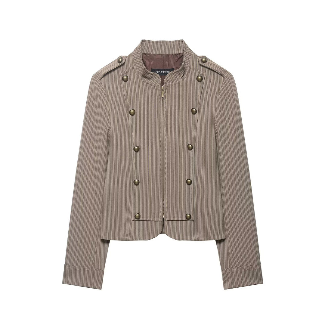 Damen Kurzjacke im Military-Stil mit Stehkragen, Zierknopfleiste und feinem Nadelstreifen Nord Taschen