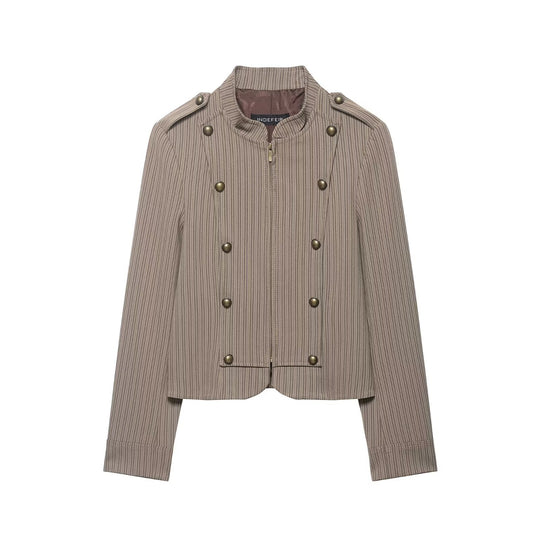 Damen Kurzjacke im Military-Stil mit Stehkragen, Zierknopfleiste und feinem Nadelstreifen Nord Taschen