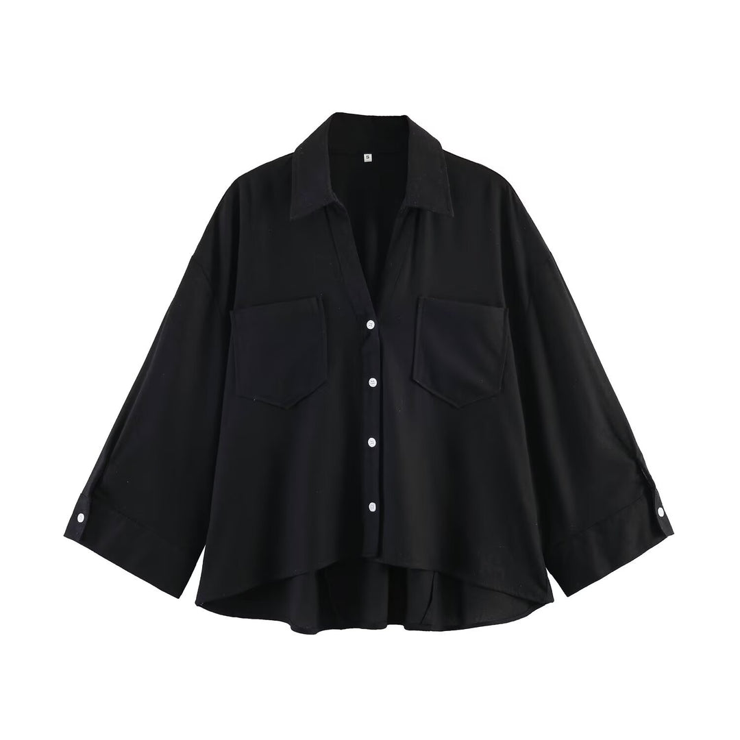 Damen Oversize-Hemdbluse mit großen Brusttaschen, überschnittener Schulter und High‑Low‑Saum Nord Taschen