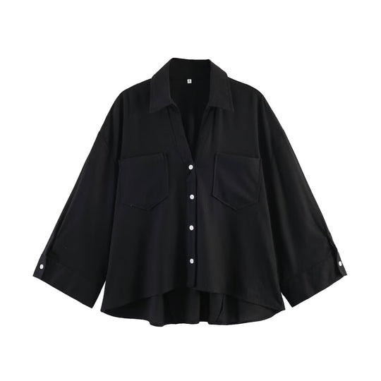 Damen Oversize-Hemdbluse mit großen Brusttaschen, überschnittener Schulter und High‑Low‑Saum Nord Taschen