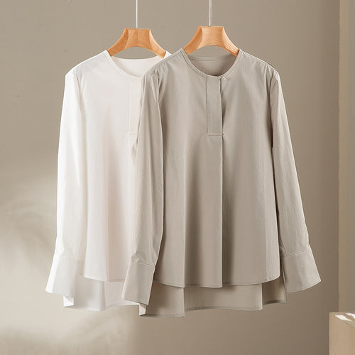 Damen Lässige Langarm-Bluse mit verdeckter Knopfleiste und Lagen-Saum Nord Taschen