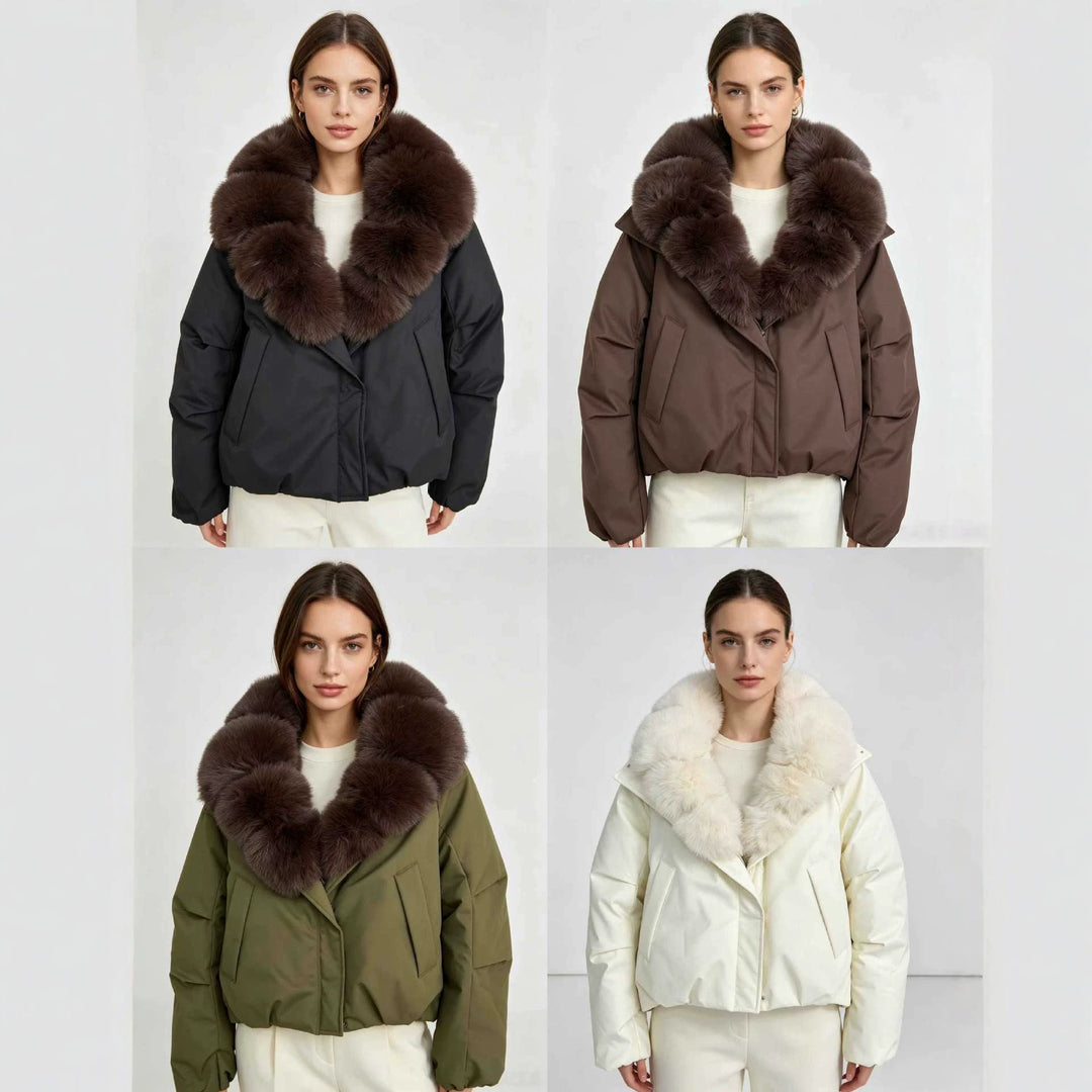 Damen nan kurze Thermosteppjacke mit voluminösem abnehmbarem Kunstfellkragen und tailliertem Saum Nord Taschen
