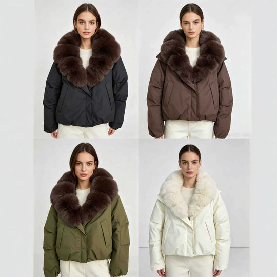 Damen nan kurze Thermosteppjacke mit voluminösem abnehmbarem Kunstfellkragen und tailliertem Saum Nord Taschen