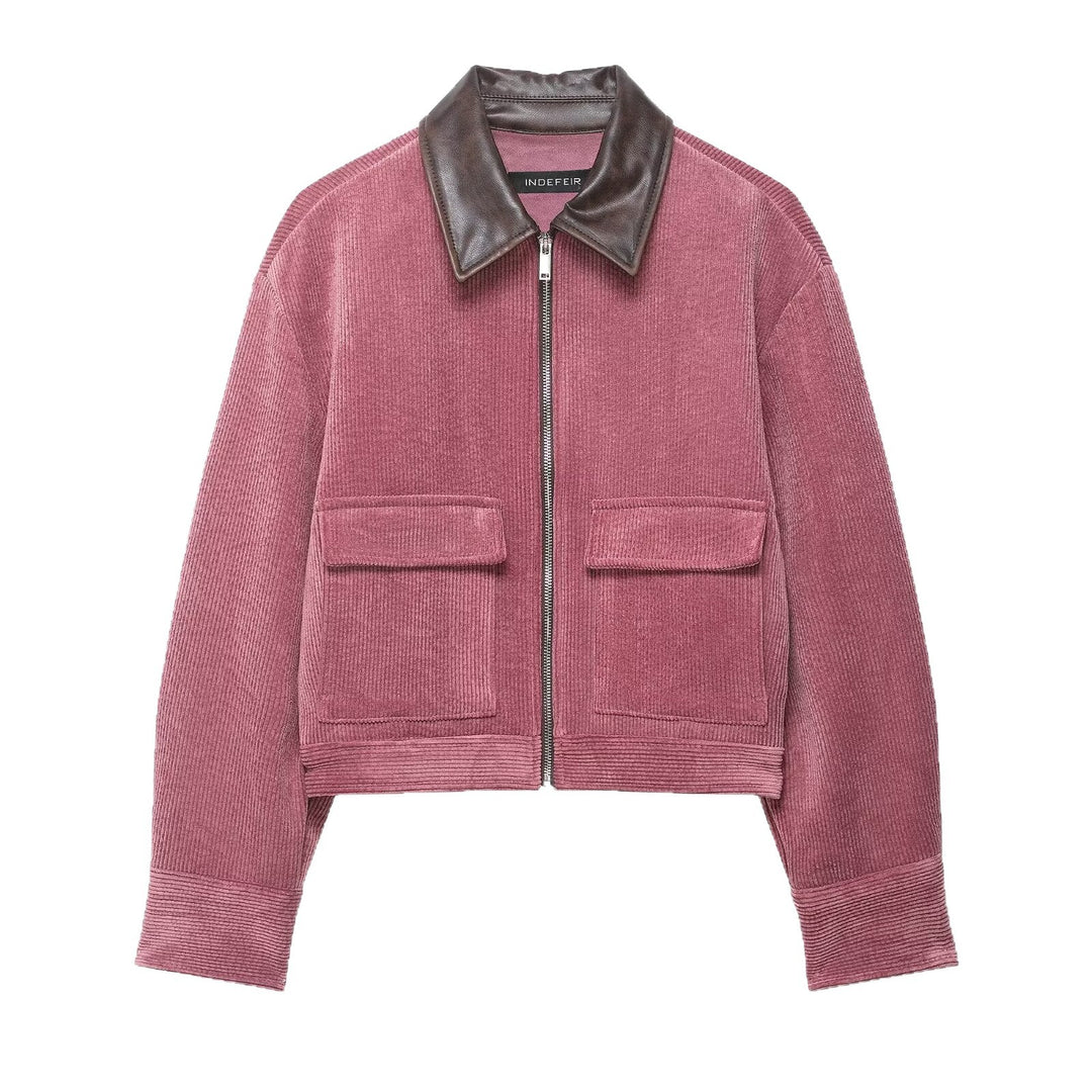 Damen Kurze Cord-Collegejacke mit Kunstlederkragen und aufgesetzten Pattentaschen Nord Taschen
