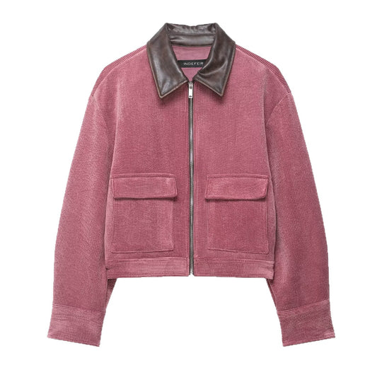 Damen Kurze Cord-Collegejacke mit Kunstlederkragen und aufgesetzten Pattentaschen Nord Taschen