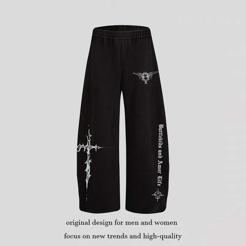 Damen Weite Lounge-Hose im Palazzo-Stil mit Elastikbund und Gothic-Print Nord Taschen